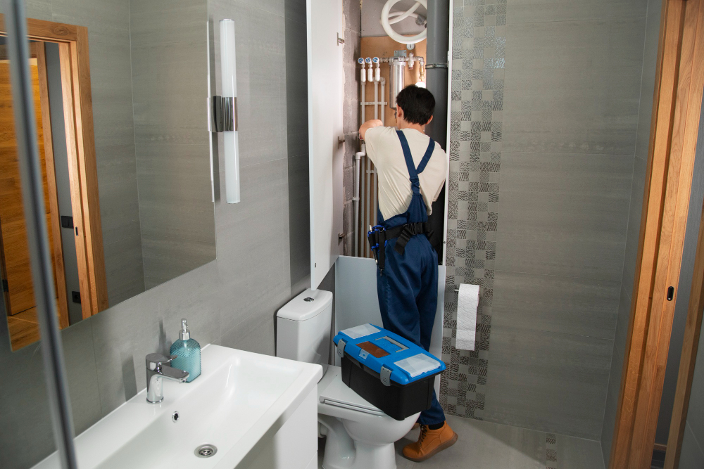 Salle de bain rénovée avec pose de carrelage mural et sol